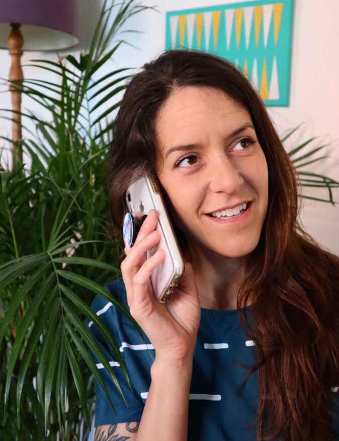 Bryony Rust on the phone